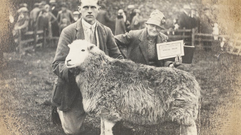 Photographic print showing Beatrix Potter, her shepherd (Tom Storey?) and a sheep at a show, with a prize.